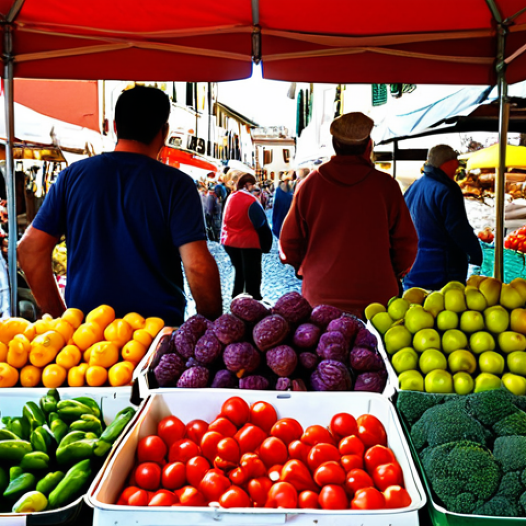 **Prompt:** A bustling Italian "mercato contadino" (farmer's market) with vendors selling fresh, seasonal produce, alongside customers enjoying the vibrant atmosphere. Focus on the colors of the vegetables and the lively interactions. Include "km 0" signs.