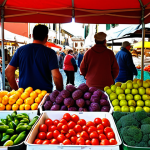 **Prompt:** A bustling Italian "mercato contadino" (farmer's market) with vendors selling fresh, seasonal produce, alongside customers enjoying the vibrant atmosphere. Focus on the colors of the vegetables and the lively interactions. Include "km 0" signs.