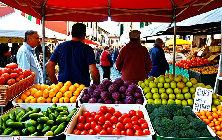 **Prompt:** A bustling Italian "mercato contadino" (farmer's market) with vendors selling fresh, seasonal produce, alongside customers enjoying the vibrant atmosphere. Focus on the colors of the vegetables and the lively interactions. Include "km 0" signs.