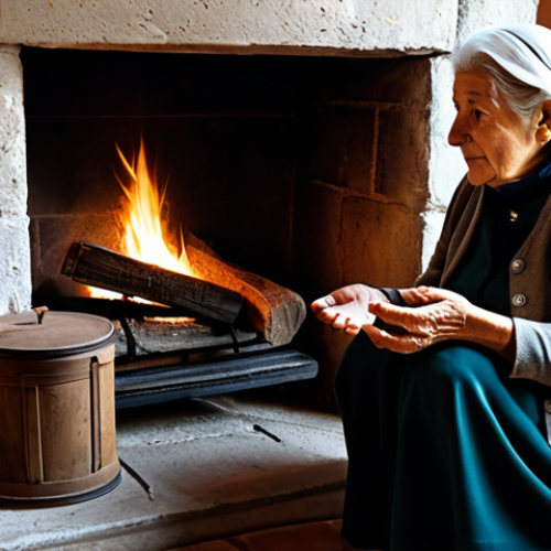 Home 15 A warm portrait of an elderly Italian nonna, seated comfortably by a rustic, crackling fireplace in a cozy traditional Italian home. She is wearing modest, traditional, and appropriate attire, her hands gently gesturing as she tells a captivating story to a group of fully clothed, attentive children gathered around her. The scene evokes a sense of family-friendly warmth and timeless tradition. Professional photography, high quality, perfect anatomy, correct proportions, natural pose, well-formed hands, proper finger count, natural body proportions, fully clothed, modest clothing, appropriate attire, professional dress, safe for work, appropriate content.