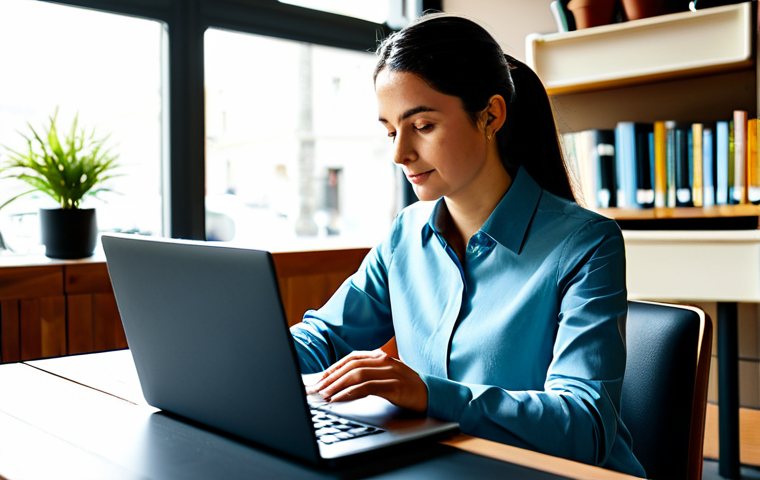 A professional individual, fully clothed in modest business-casual attire, working productively at a sleek laptop in a sunlit modern Italian-style cafe. An espresso cup sits nearby, and subtle digital interfaces on the screen hint at smart suggestions or organizational tools. The setting features warm lighting, potted plants, and distant blurred bookshelves, creating a calm and inspiring atmosphere. The person exhibits a natural pose, with perfect anatomy, correct proportions, and well-formed hands. This image embodies the balance of hybrid work and integrated technology. Professional photography, high detail, clear focus, natural body proportions, appropriate content, safe for work, fully clothed, family-friendly.