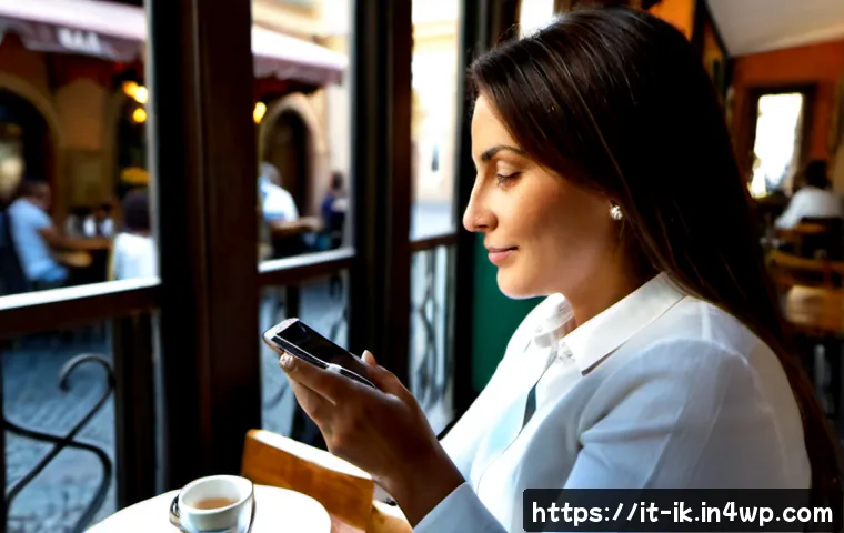 Home 10 모바일 플랫폼에서의 내러티브 패턴 적용 - Photorealistic over-the-shoulder view of an Italian woman in her forties using a modern smartphone a...