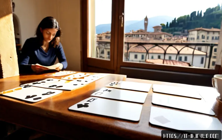 Home 14 창의적 내러티브 패턴의 Importance 왜 중요한가 - Photorealistic Italian novelist in a sunlit Florence apartment, arranging a clear sequence of blank ...